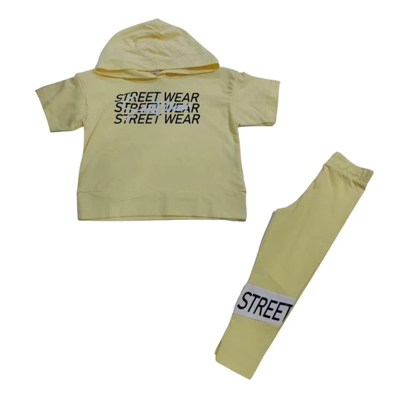 YAVRUCAK STREET WEAR BASKILI KAPŞONLU TAYTLI KIZ ÇOCUK TAKIM - 3