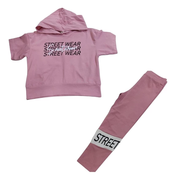 YAVRUCAK STREET WEAR BASKILI KAPŞONLU TAYTLI KIZ ÇOCUK TAKIM - 2