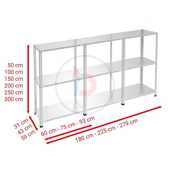 3 Katlı 3'lü Galvaniz Çelik Raf - Depo, Arşiv, Kiler, Dosya, Market Rafı  31x93 cm 50 cm 1.00 mm - 3