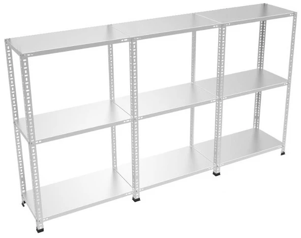 3 Katlı 3'lü Galvaniz Çelik Raf - Depo, Arşiv, Kiler, Dosya, Market Rafı  31x60 cm 100 cm 1.50 mm