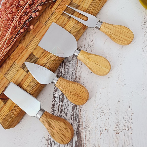 4'lü Bambu Saplı Çelik Peynir Bıçağı Seti Organizer Kahvaltı Mutfak Bıçak Seti - 3