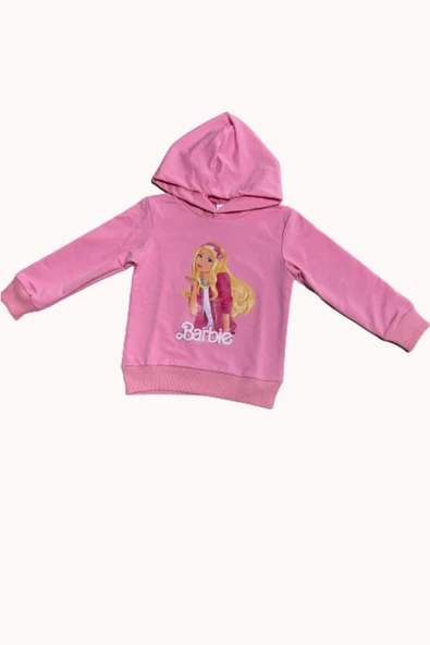 Kız Çocuk Kapüşonlu Barbie Baskılı Pembe Eşofman Takım - 2