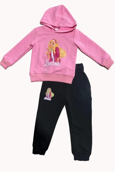 Kız Çocuk Kapüşonlu Barbie Baskılı Pembe Eşofman Takım ürün görseli