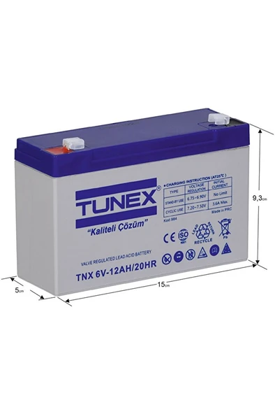 6V 12A 1,63 Kg Kuru Bakımsız Akü (151*50*94*100 Mm) TNX-6V12A - Resim 2