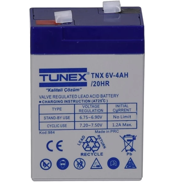 TUNEX 6V 4A 0,67 Kg Kuru Bakımsız Akü (70*48*100*106 Mm) TNX-6V4A