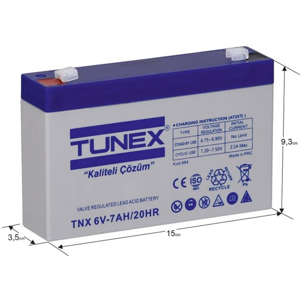 TUNEX 6V 7A 1,08 Kg Kuru Bakımsız Akü (151*35*94*100 Mm) TNX-6V7A - 2