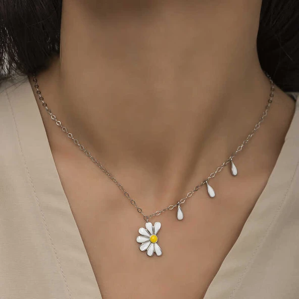 925 Ayar Gümüş Papatya Seviyor Sevmiyor Bayan Gümüş Kolye - 4