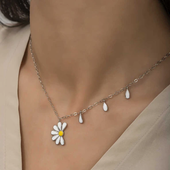 925 Ayar Gümüş Papatya Seviyor Sevmiyor Bayan Gümüş Kolye - 5