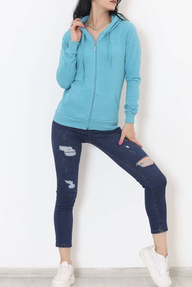 İç Tüylü Kapşonlu Fermuarlı Sweat Petrol - 11866.108. - 5