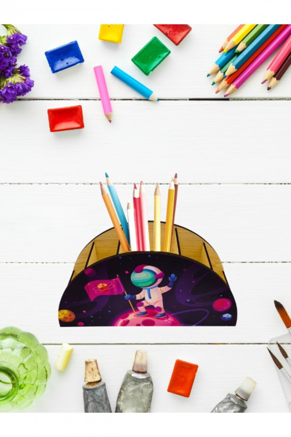 Berenden Ahşap Çocuklar İçin Masa Üstü Kalemlik & Organizer-Astronot