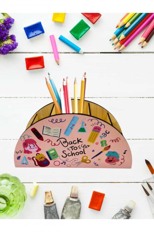 Berenden Ahşap Çocuklar İçin Masa Üstü Kalemlik & Organizer-Pembe