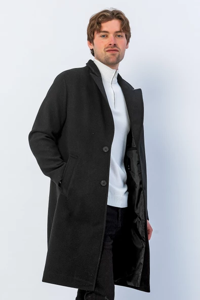 Erkek Regular Fit Düğmeli Cepli Kışlık Astarlı Klasik Uzun Kaşe Kaban - 7