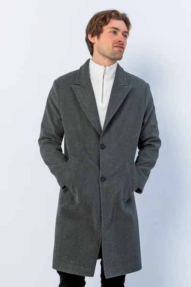 Erkek Regular Fit Düğmeli Cepli Kışlık Astarlı Klasik Uzun Kaşe Kaban - Resim 10