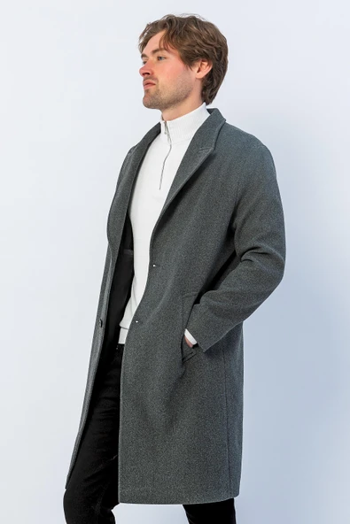 Erkek Regular Fit Düğmeli Cepli Kışlık Astarlı Klasik Uzun Kaşe Kaban - Resim 12