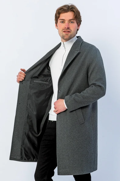 Erkek Regular Fit Düğmeli Cepli Kışlık Astarlı Klasik Uzun Kaşe Kaban - Resim 11