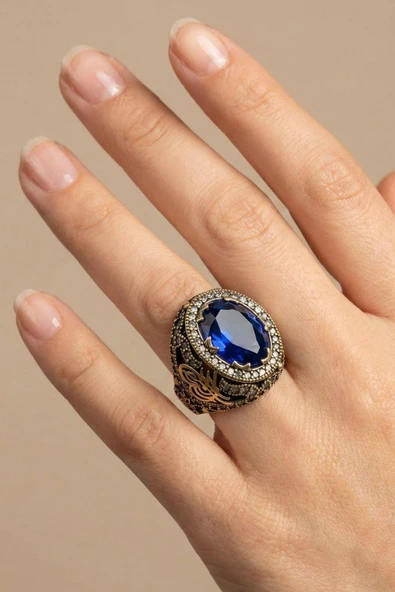 Sultani Serisi Mavi Safir Taşlı Otantik 925 Ayar Gümüş Kadın Yüzük - Resim 3