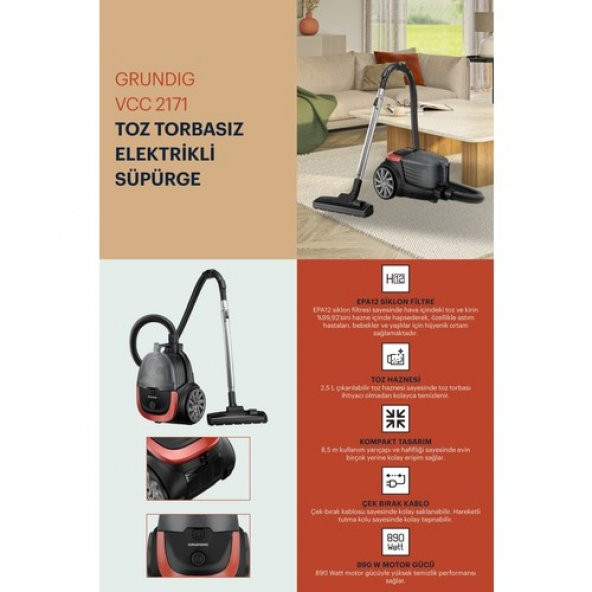 Grundig Vcc 2171 890 W Toz Torbasız Elektrikli Süpürge - 6