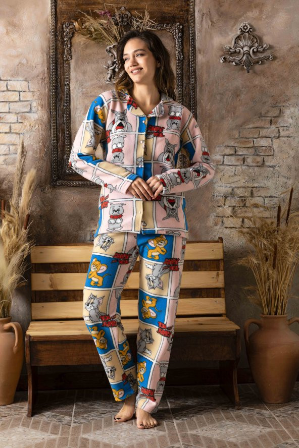 kadın welsoft polar önden düğmeli uzun kol pijama takımı karakter detaylı