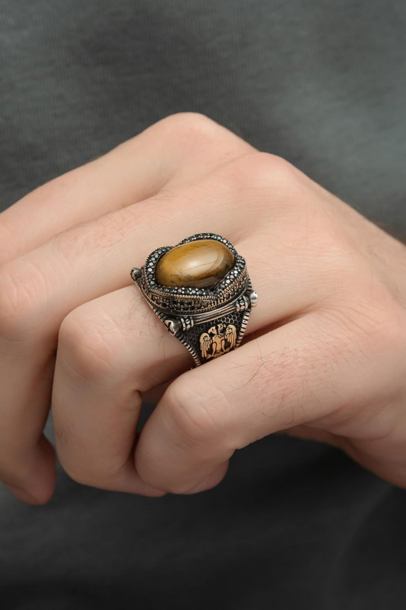 Kaplan Gözü Taşlı Selçuklu Kartalı 925 Gümüş Erkek Yüzük ürün görseli