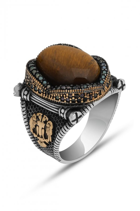 Kaplan Gözü Taşlı Selçuklu Kartalı 925 Gümüş Erkek Yüzük - Resim 2