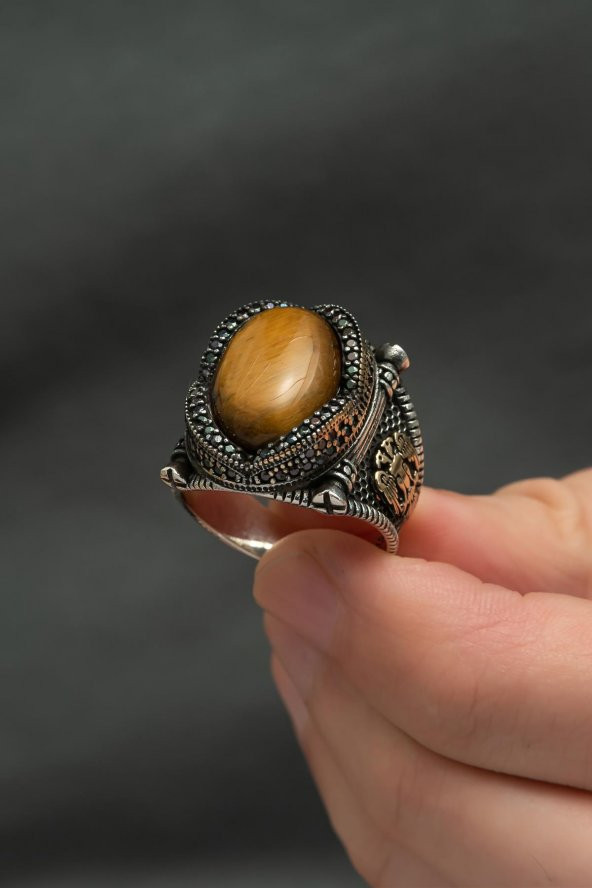 Kaplan Gözü Taşlı Selçuklu Kartalı 925 Gümüş Erkek Yüzük - Resim 4