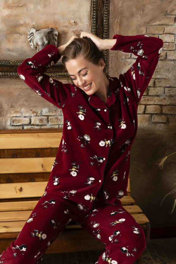 kadın welsoft polar önden düğmeli uzun kol pijama takımı yıldız detaylı