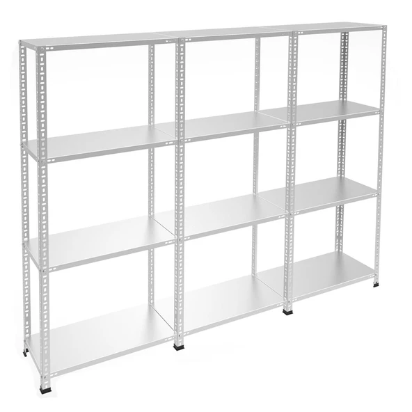 4 Katlı 3'lü Bitişik Galvaniz Çelik Raf - Depo, Arşiv, Kiler, Dosya, Market, Bakkal Rafı  43x93 200 cm 1.50 mm