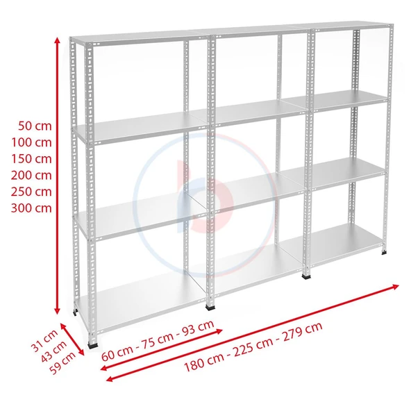 4 Katlı 3'lü Galvaniz Çelik Raf - Depo, Arşiv, Kiler, Dosya, Market Rafı  59x93 cm 200 cm 1.50 mm - Resim 2