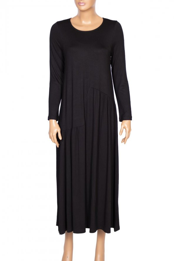 Barem Kadın Funda Beli Baseni Büzgülü Düz Renk Siyah Elbise