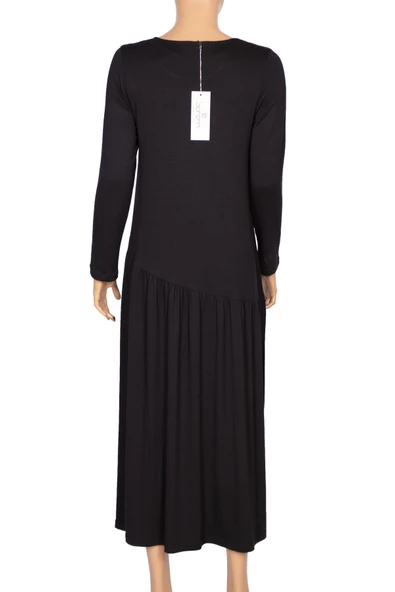 Barem Kadın Funda Beli ve Baseni Büzgülü Düz Renk Siyah Elbise - 4