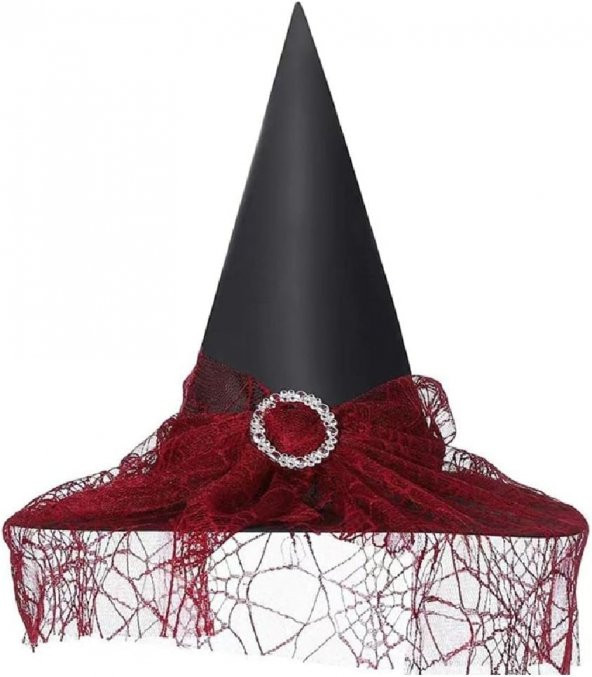 Peçeli Cadı Şapkası Kadife Tüllü Tokalı Kırmızı ürün görseli 1