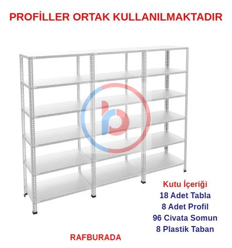 6 Katlı 3'lü Galvaniz Çelik Raf - Depo, Arşiv, Kiler, Dosya, Market Rafı  31x93 cm 200 cm 1.00 mm ürün görseli