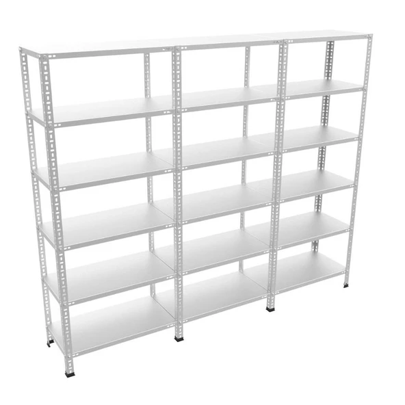 6 Katlı 3'lü Bitişik Galvaniz Çelik Raf - Depo, Arşiv, Kiler, Dosya, Market Rafı, Civatalı Raf Sistemi  31x60 cm 100 cm 0.70 mm