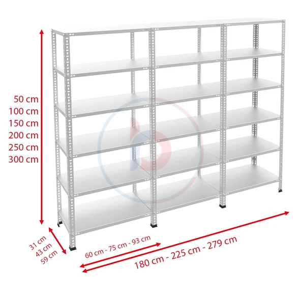 6 Katlı 3'lü Galvaniz Çelik Raf - Depo, Arşiv, Kiler, Dosya, Market Rafı  59x75 cm 150 cm 1.00 mm - Resim 2