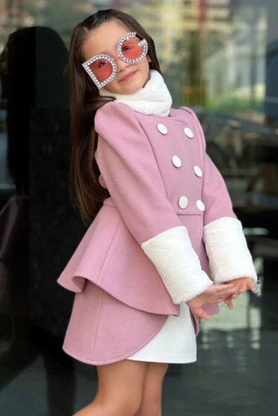 Kız Çocuk Kol Uçları Peluş Detaylı Lady Pudra Kaşe Kabanlı Takım - 3