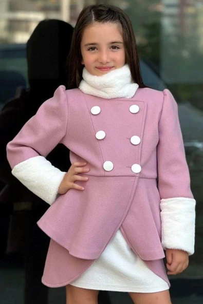 Kız Çocuk Kol Uçları Peluş Detaylı Lady Pudra Kaşe Kabanlı Takım - 4