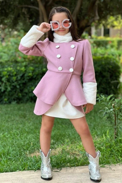 Kız Çocuk Kol Uçları Peluş Detaylı Lady Pudra Kaşe Kabanlı Takım - 2