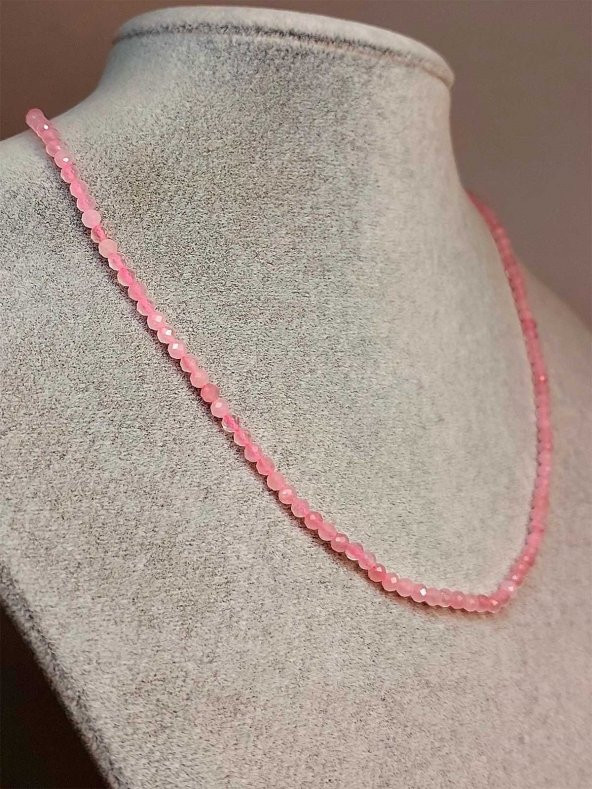 Pembe Kuvars Taşı 3mm 1000 Ayar Gümüş İpli Kolye (Sabit Klipsli) (41245) ürün görseli