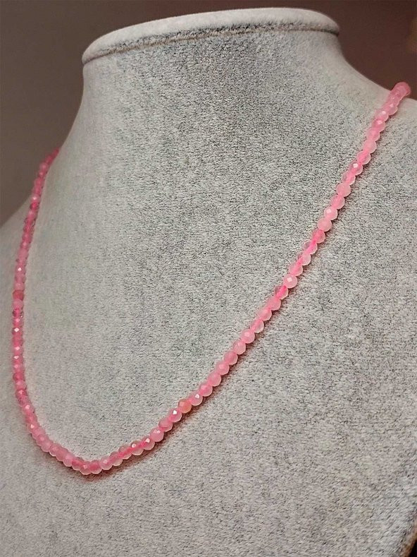 Pembe Kuvars Taşı 3mm 1000 Ayar Gümüş İpli Kolye (Sabit Klipsli) (41245) - Resim 2