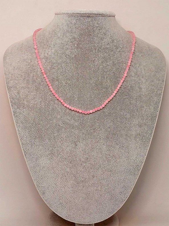 Pembe Kuvars Taşı 3mm 1000 Ayar Gümüş İpli Kolye (Sabit Klipsli) (41245) - Resim 3