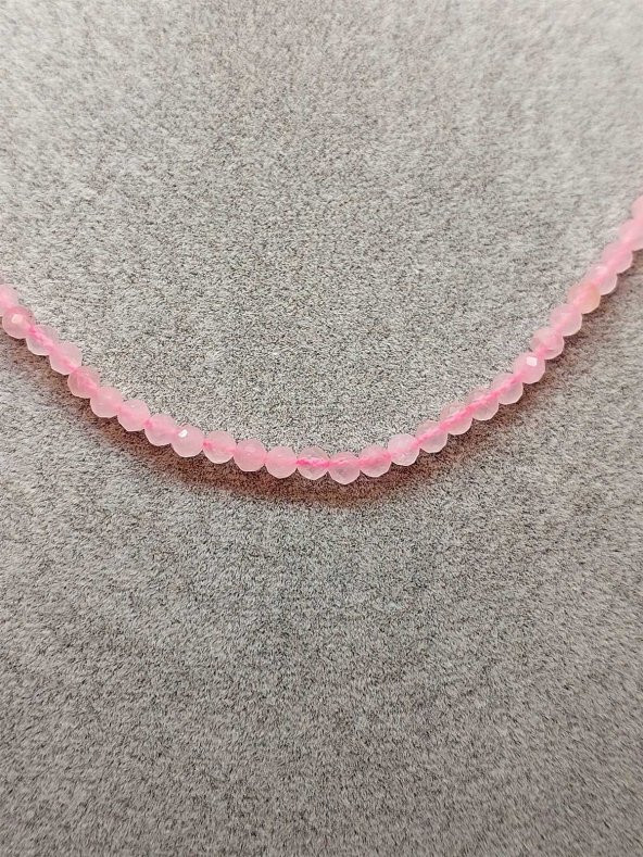 Pembe Kuvars Taşı 3mm 1000 Ayar Gümüş İpli Kolye (Sabit Klipsli) (41245) - Resim 4
