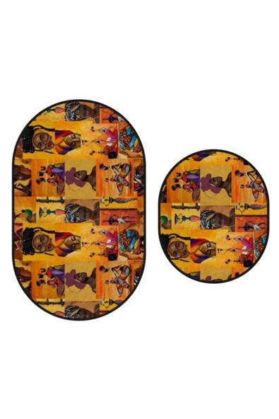 1263 Afrika Desenli Oval 2'li Banyo Paspas Halı Takımı Kaymaz Taban 60x100-60x50