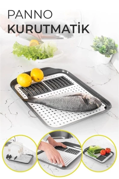 Sion Tabaklık Kurutma Tezgah Üstü Meyve Sebze Kurutma Süzgeci Dekoratif Tepsi Delikli Kesme Tahtası - 2