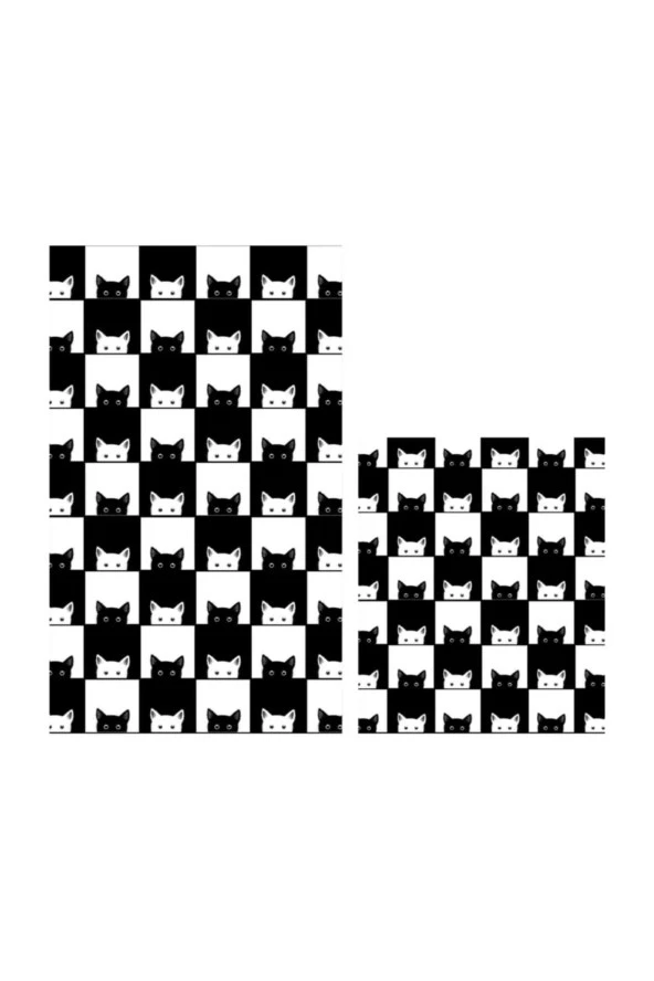 Dijital Black-White 2 Li Banyo Paspas Seti Klozet Takımı 0400 01 Siyah Kedim