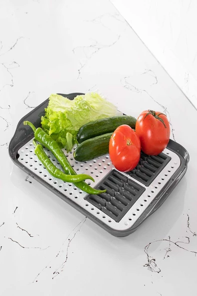 Sion Tabaklık Kurutma Tezgah Üstü Meyve Sebze Kurutma Süzgeci Dekoratif Tepsi Delikli Kesme Tahtası - 4