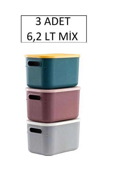 3 Adet 6,2 Lt Storage Mix Renk Dolap Düzenleyici Kapaklı Kutu - Kıyafet Çorap Saklama Kabı - 2