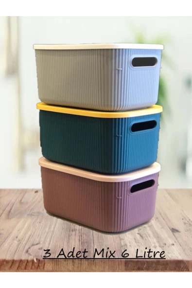 3 Adet 6,2 Lt Storage Mix Renk Dolap Düzenleyici Kapaklı Kutu - Kıyafet Çorap Saklama Kabı - 6