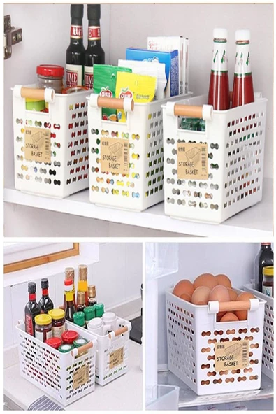 4 Adet Beyaz Ahşap Renk Saplı Buzdolabı Mutfak Düzenleyici Banyo Düzenleyici Organizer Sepet - Resim 3