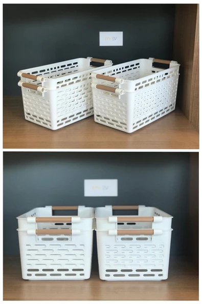 4 Adet Beyaz Ahşap Renk Saplı Buzdolabı Mutfak Düzenleyici Banyo Düzenleyici Organizer Sepet - Resim 2
