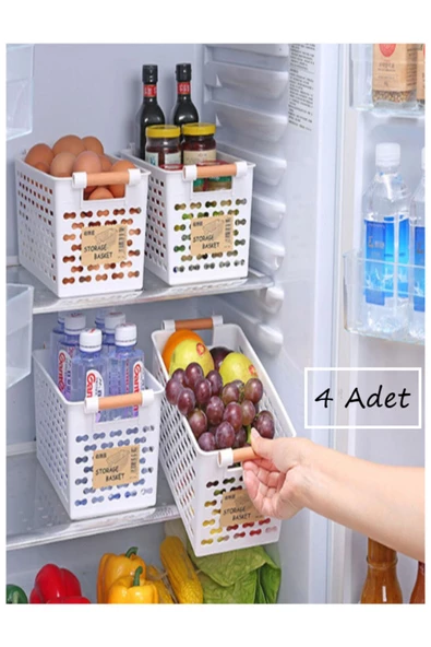 4 Adet Beyaz Ahşap Renk Saplı Buzdolabı Mutfak Düzenleyici Banyo Düzenleyici Organizer Sepet ürün görseli